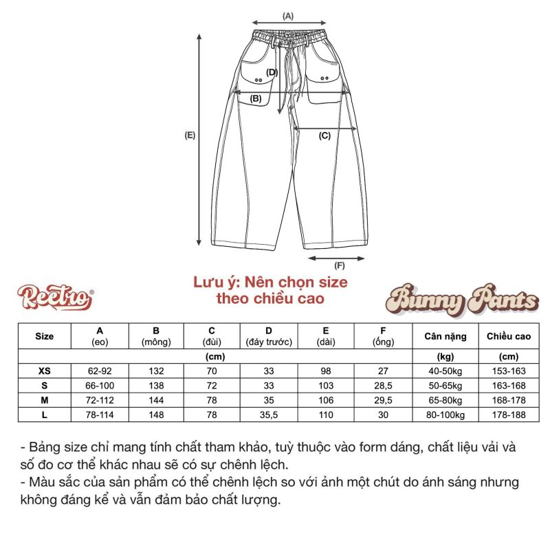 Bảng size quần Bunny